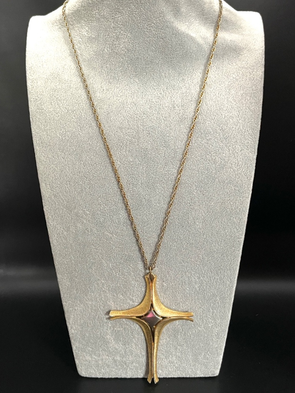 Vintage Modernist Style Gold Tone Cross Pendant Necklace